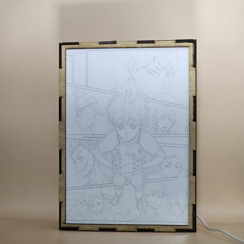 Lámpara ánime/manga  Haikyuu  con doble imagen del grupo Shoyo Hinata, Tobio Kageyama, Kei Tsukishima, Tadashi Yamaguchi, Koutaro Bokuto, Keiji Akaashi, Kenma Kozume, Kuroo Tetsurō y Lev Haiba, vista apagada, se esconde la imágen de atras.