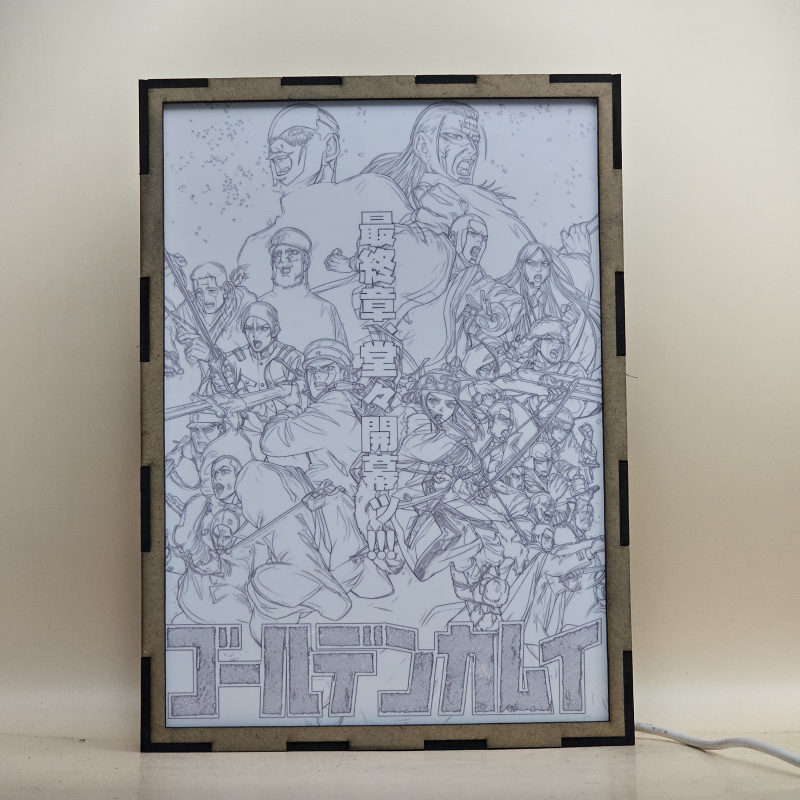 Lámpara ánime/manga  Golden Kamuy  con doble imagen del grupo Saichi Sugimoto, Asirpa y Tsurumi, vista apagada, se esconde la imágen de atras.