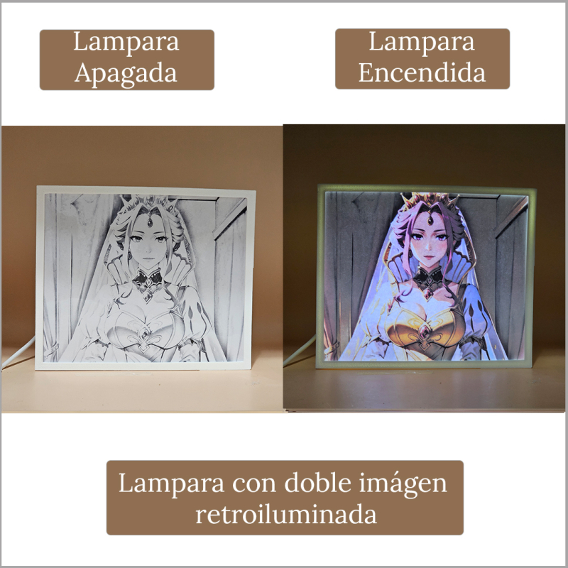 Lámpara ánime/manga  El héroe del escudo  con doble imagen del personaje Mirellia Q. Melromarc, vista apagada y encendida, donde se revela la ilustración completa al encender la luz LED.
