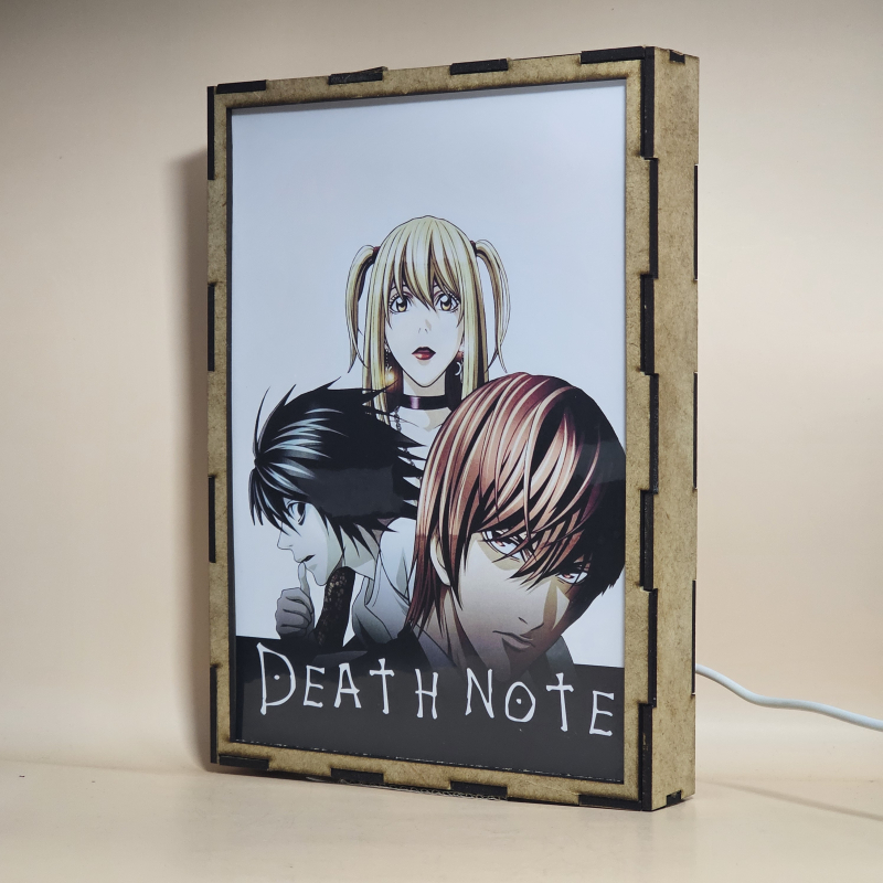 Lámpara ánime/manga  Death Note  con doble imagen del grupo Light Yagami, L, Ryuk y Misa Amane, vista apagada, se esconde la imágen de atras.