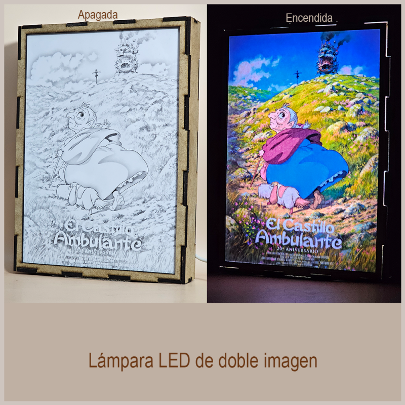 Lámpara ánime  El castillo ambulante  con doble imagen del personaje Sophie Hatter, vista apagada y encendida, donde se revela la ilustración completa al encender la luz LED.