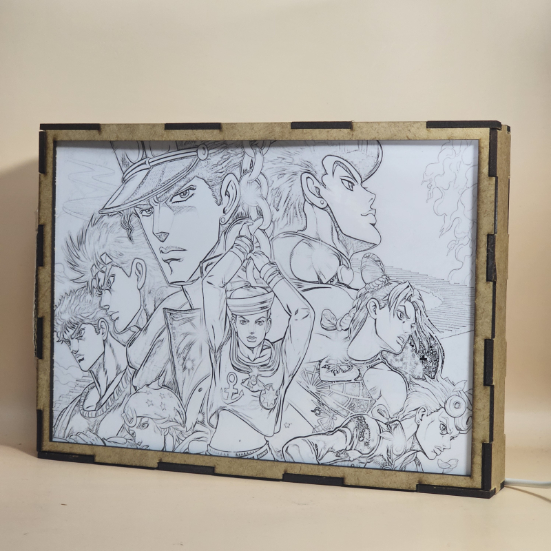 Lámpara ánime/manga  JoJo's Bizarre Adventure  con doble imagen del grupo Joseph Joestar, Jonathan Joestar, Jotaro Kujo, Josuke Higashikata, Giorno Giovanna, Jolyne Cujoh, Johnny Joestar y Josuke Higashikata, vista apagada, se esconde la imágen de atras.