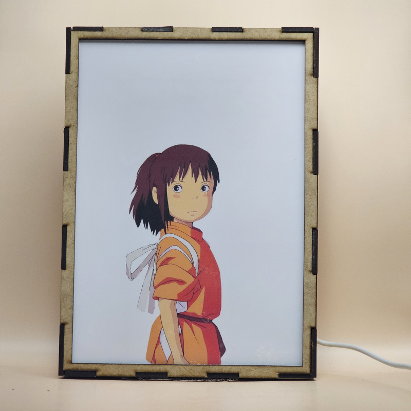 Lámpara ánime  El Viaje de Chihiro  con doble imagen del grupo Chihiro Ogino y Kaonashi, vista apagada, se esconde la imágen de atras.