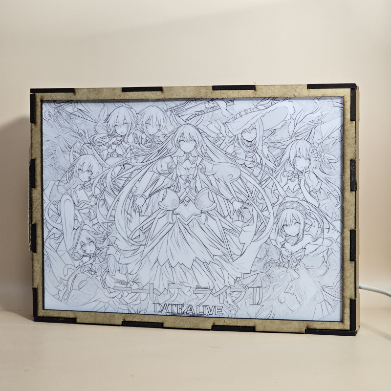 Lámpara ánime/manga  Date A Live  con doble imagen del grupo Tohka Yatogami, Kotori Itsuka, Yoshino Himekawa, Kaguya Yamai, Yuzuru Yamai, Miku Izayoi, Kurumi Tokisaki y Natsumi Kyouno, vista apagada, se esconde la imágen de atras.