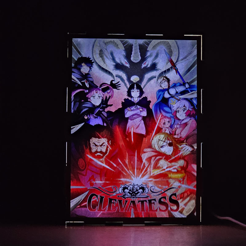 Lámpara ánime/manga  Clevatess  con doble imagen del grupo Klen, Alicia, Nelluru, Luna, Clevatess, Dorel, Naie, Maynard y Rod Royes, vista encendida, donde se revela la ilustración completa al encender la luz LED.