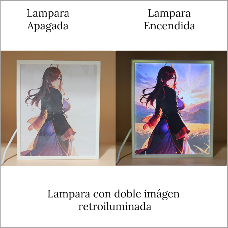Lámpara ánime/manga  KonoSuba  con doble imagen del personaje Wiz, vista apagada y encendida, donde se revela la ilustración completa al encender la luz LED.