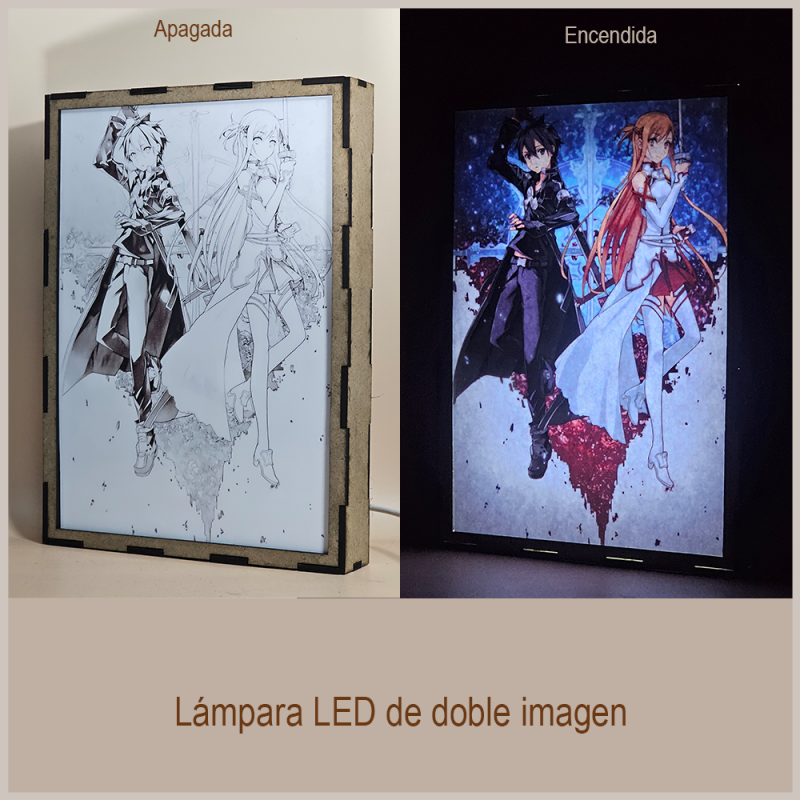 Lámpara ánime/manga  Sword Art Online  con doble imagen de la pareja Kazuto Kirigaya y Asuna Yuuki, vista apagada y encendida, donde se revela la ilustración completa al encender la luz LED.