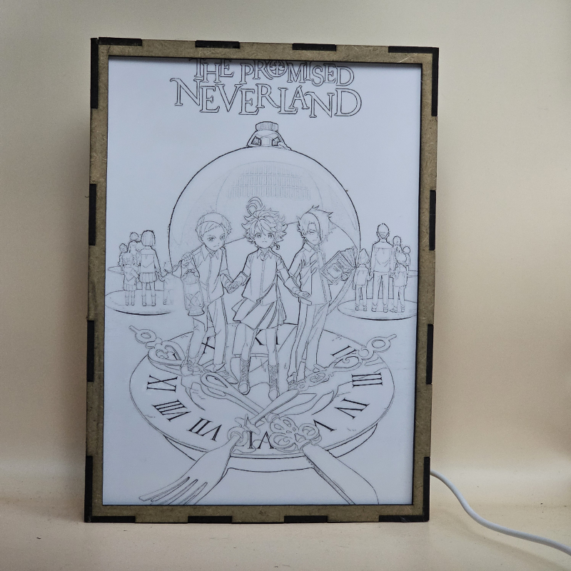 Lámpara ánime/manga  The Promised Neverland  con doble imagen del grupo Norman, Ray y Emma, vista apagada, se esconde la imágen de atras.