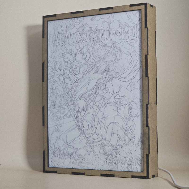 Lámpara ánime/manga  Daemons of the Shadow Realm  con doble imagen de la pareja Yuru y Asa, vista apagada, se esconde la imágen de atras.