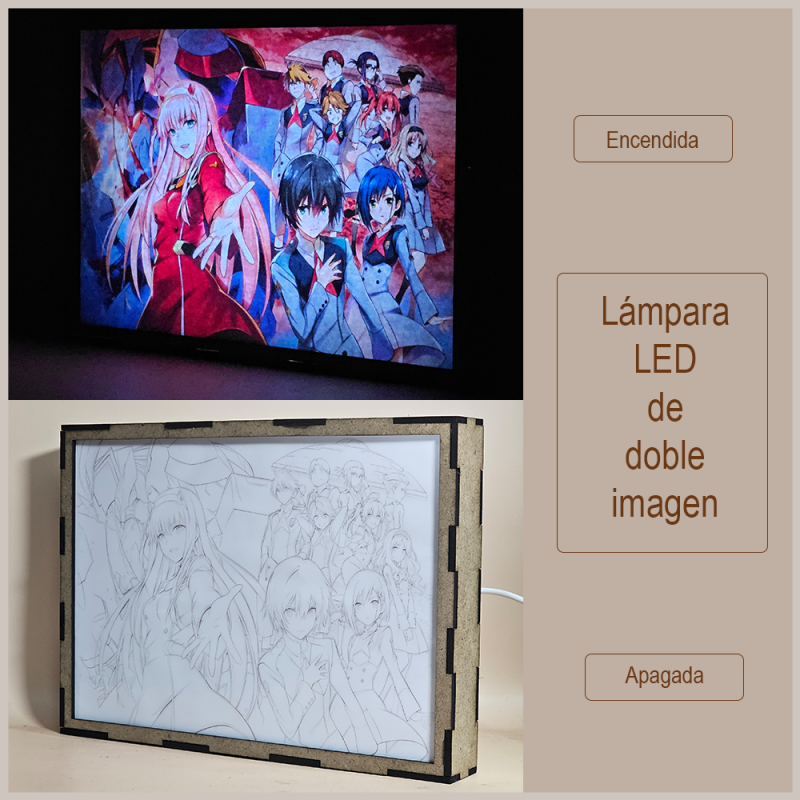 Lámpara ánime/manga  Darling in the Franxx  con doble imagen del grupo Zero Two, Hiro, Ichigo, Ikuno, Goro, Kokoro, Mitsuru, Miku, Zorome y Futoshi, vista apagada y encendida, donde se revela la ilustración completa al encender la luz LED.