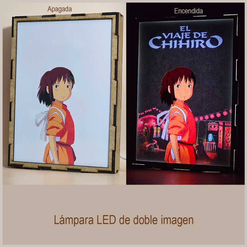 Lámpara ánime  El Viaje de Chihiro  con doble imagen del grupo Chihiro Ogino y Kaonashi, vista apagada y encendida, donde se revela la ilustración completa al encender la luz LED.