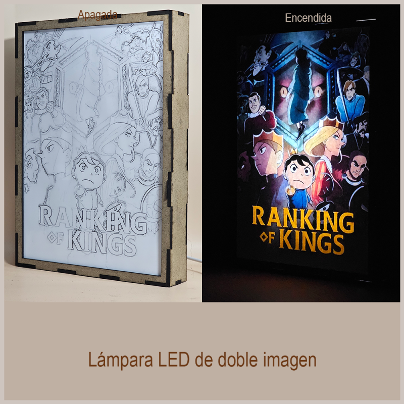 Lámpara ánime/manga  Ousama Ranking  con doble imagen del grupo Bojji, Kage, Hiling, Domas y Miranjo, vista apagada y encendida, donde se revela la ilustración completa al encender la luz LED.