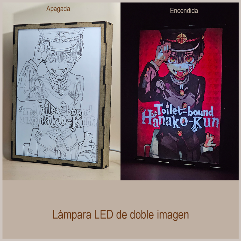 Lámpara ánime/manga  Jibaku Shōnen Hanako-kun  con doble imagen del personaje Hanako-kun, vista apagada y encendida, donde se revela la ilustración completa al encender la luz LED.