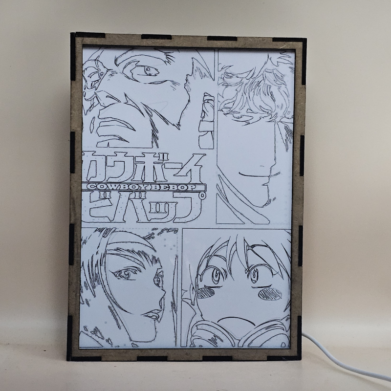 Lámpara ánime/manga  Cowboy Bebop  con doble imagen del grupo Spike Spiegel, Jet Black, Faye Valentine y Ed, vista apagada, se esconde la imágen de atras.