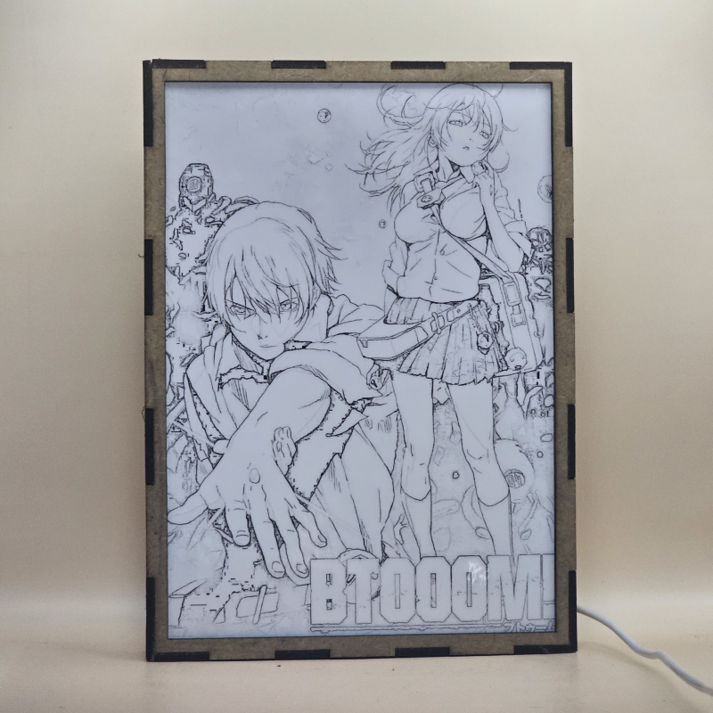 Lámpara ánime/manga  Btooom!  con doble imagen de la pareja Ryōta Sakamoto y Himiko, vista apagada, se esconde la imágen de atras.