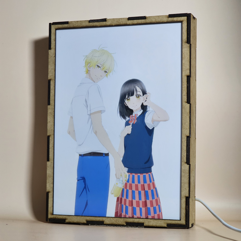 Lámpara ánime/manga  Honey Lemon Soda  con doble imagen de la pareja Kai Miura y Uka Ishimori, vista apagada, se esconde la imágen de atras.