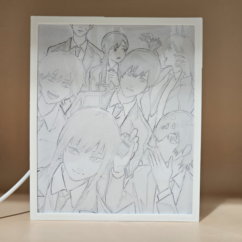 Lámpara ánime/manga  Chainsaw Man  con doble imagen del grupo Denji, Makima, Power, Aki Hayakawa, Himeno, Kobeni Higashiyama y Hirokazu Arai, vista apagada, se esconde la imágen de atras.