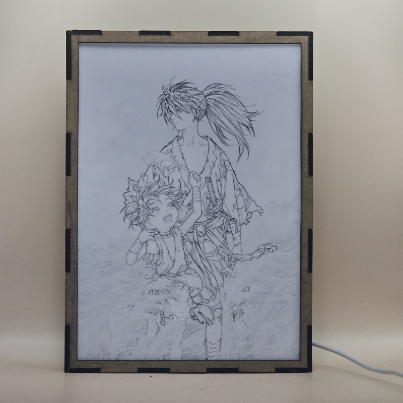 Lámpara ánime/manga  Dororo  con doble imagen de la pareja Dororo y Hyakkimaru, vista apagada, se esconde la imágen de atras.