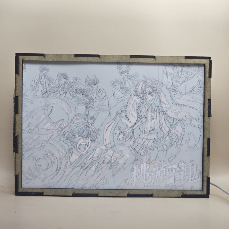 Lámpara ánime/manga  Tōgen Anki  con doble imagen del grupo Shiki Ichinose, Naito Mudano, Tsubakiri Momomiya, Jin Kougasaki, Yomogi Momokusa y Kyoya Oiranzaka, vista encendida, con luz ambiente, donde se revela la ilustración completa al encender la luz LED.