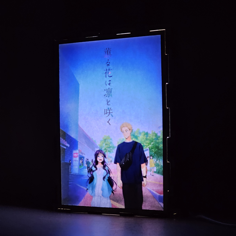 Lámpara ánime/manga  Kaoru Hana wa Rin to Saku  con doble imagen de la pareja Kaoruko Waguri y Rintaro Tsumugi, vista encendida, donde se revela la ilustración completa al encender la luz LED.