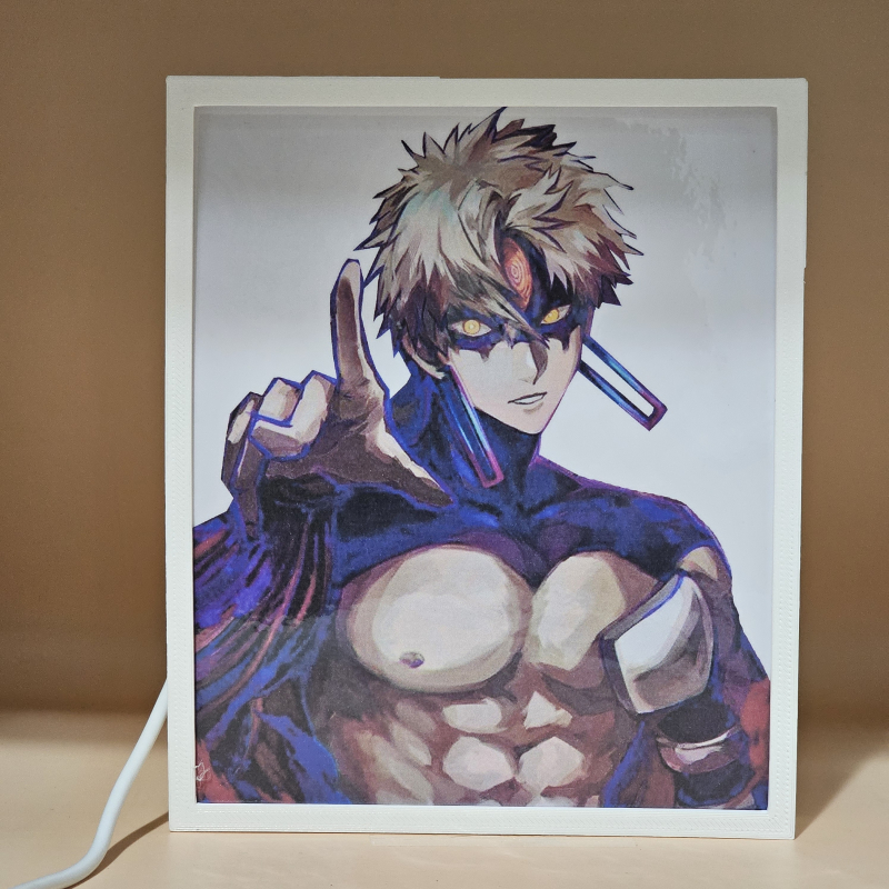 Lámpara ánime/manga  DAN DA DAN  con doble imagen del personaje Evil Eye y Jiji, vista apagada, se esconde la imágen de atras.