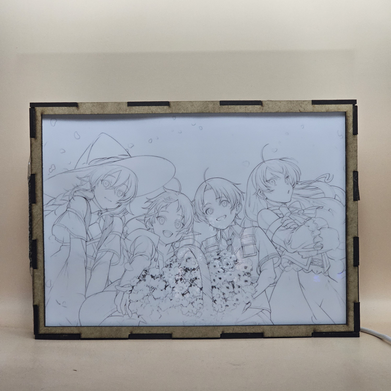 Lámpara ánime/manga  Mushoku Tensei  con doble imagen del grupo Roxy Migurdia, Sylphiette, Rudeus Greyrat y Eris Boreas Greyrat, vista apagada, se esconde la imágen de atras.