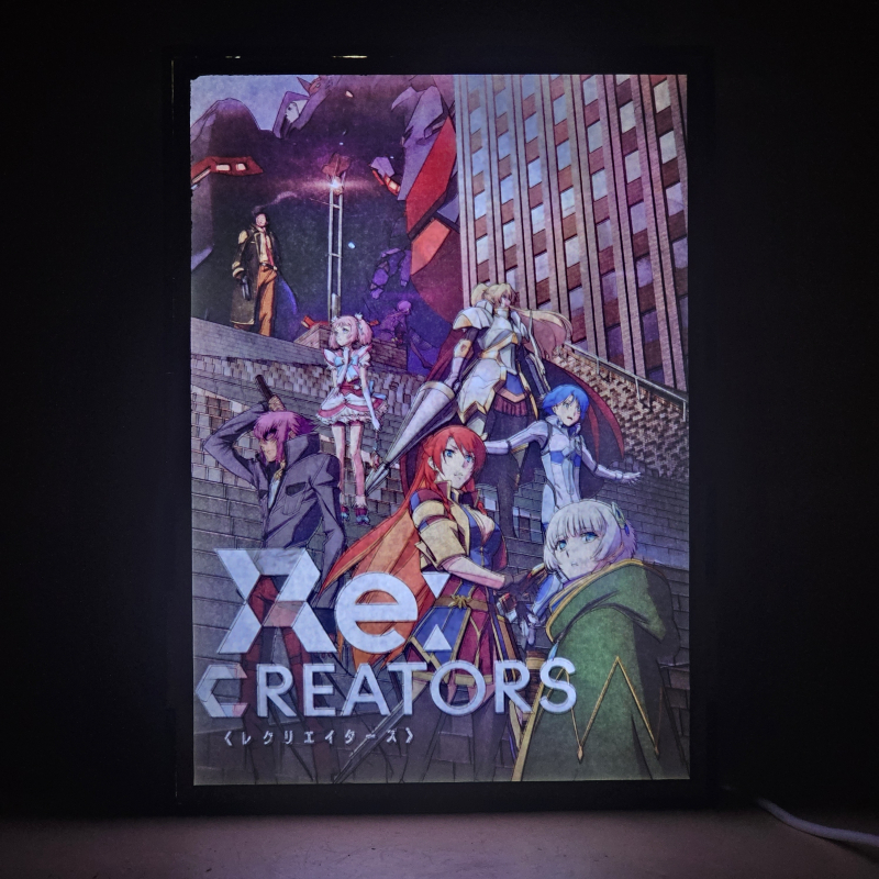 Lámpara ánime/manga  Re:Creators  con doble imagen del grupo Meteora Österreich, Selesia Upitiria, Yuya Mirokuji, Rui Kanoya, Mamika Kirameki, Alicetaria February y Blitz Talker, vista encendida, donde se revela la ilustración completa al encender la luz LED.
