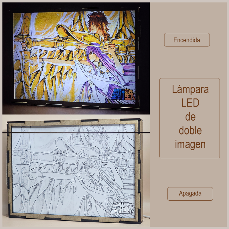 Lámpara ánime/manga  Los Caballeros del Zodiaco  con doble imagen del grupo Sísifo de Sagitario y Sasha, vista apagada y encendida, donde se revela la ilustración completa al encender la luz LED.
