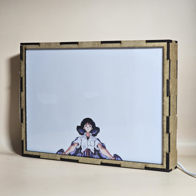 Lámpara ánime/manga  Evangelion  con doble imagen del grupo Rei Ayanami, Shinji Ikari, Kaworu Nagisa y EVA Unit-01, vista apagada, se esconde la imágen de atras.