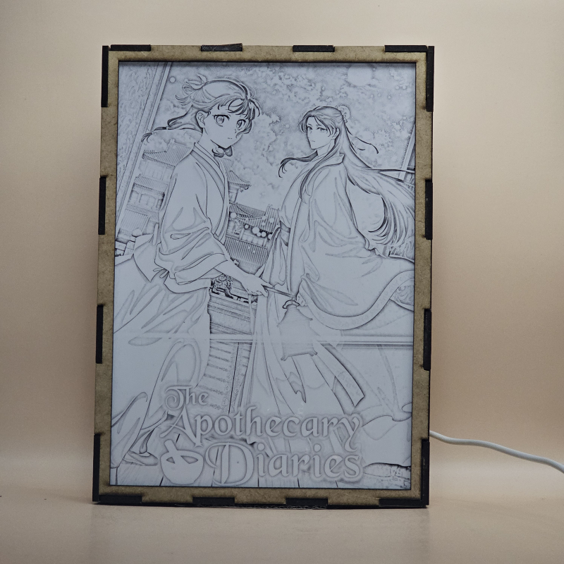 Lámpara ánime/manga  Los Diarios de la Boticaria  con doble imagen de la pareja Maomao y Jinshi, vista apagada, se esconde la imágen de atras.