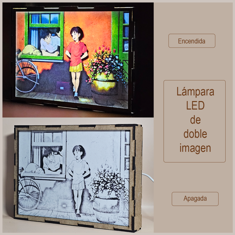 Lámpara ánime  Susurros del corazón  con doble imagen del grupo Shizuku Tsukishima, Baron Humbert Von Gikkingen y Amasawa Seiji, vista apagada y encendida, donde se revela la ilustración completa al encender la luz LED.