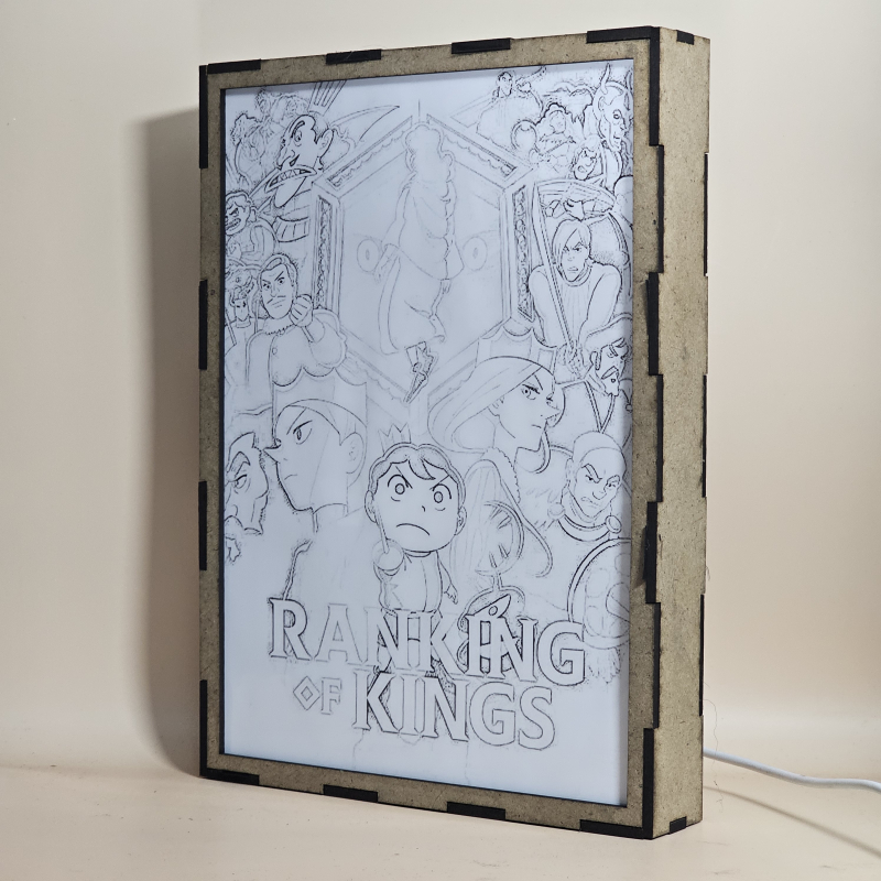 Lámpara ánime/manga  Ousama Ranking  con doble imagen del grupo Bojji, Kage, Hiling, Domas y Miranjo, vista apagada, se esconde la imágen de atras.