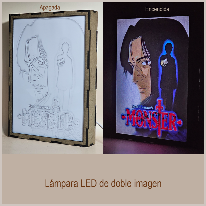 Lámpara ánime/manga  Monster  con doble imagen de la pareja Kenzo Tenma y Johan Liebert, vista apagada y encendida, donde se revela la ilustración completa al encender la luz LED.