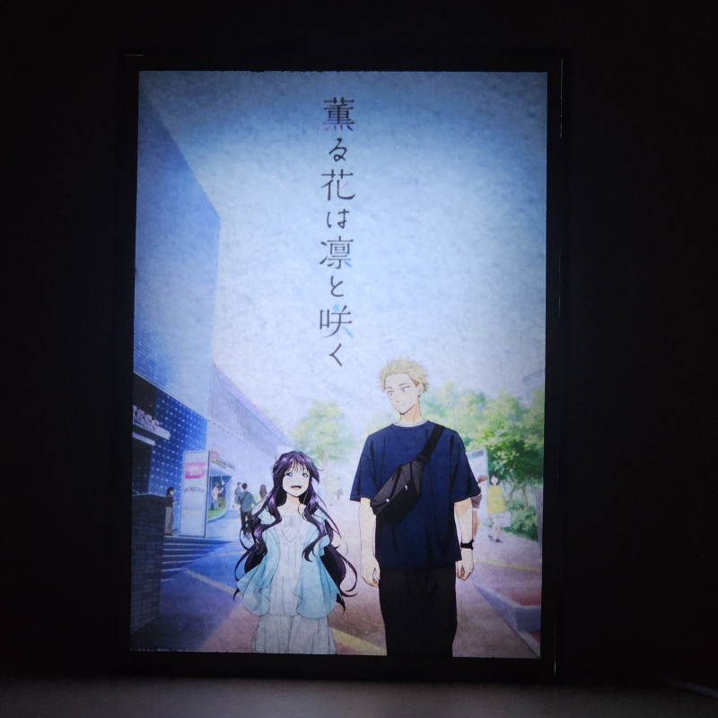 Lámpara ánime/manga  Kaoru Hana wa Rin to Saku  con doble imagen de la pareja Kaoruko Waguri y Rintaro Tsumugi, vista encendida, donde se revela la ilustración completa al encender la luz LED.