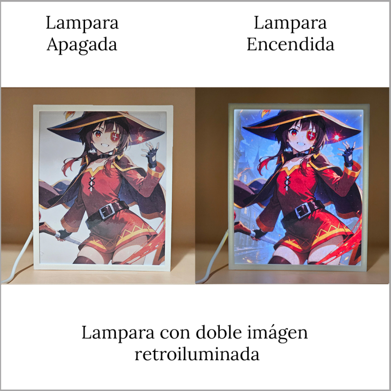Lámpara ánime/manga  KonoSuba  con doble imagen del personaje Megumin, vista apagada y encendida, donde se revela la ilustración completa al encender la luz LED.