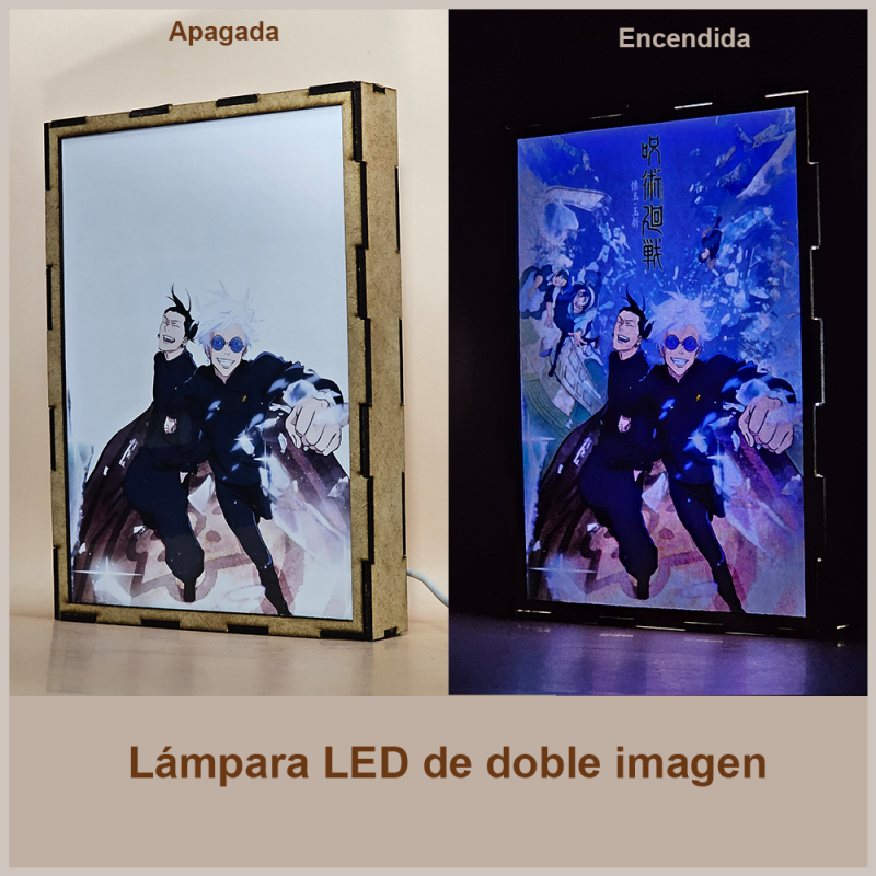 Lámpara ánime/manga  Jujutsu Kaisen  con doble imagen del grupo Satoru Gojo, Suguru Geto, Toji Fushiguro y Riko Amanai, vista apagada y encendida, donde se revela la ilustración completa al encender la luz LED.