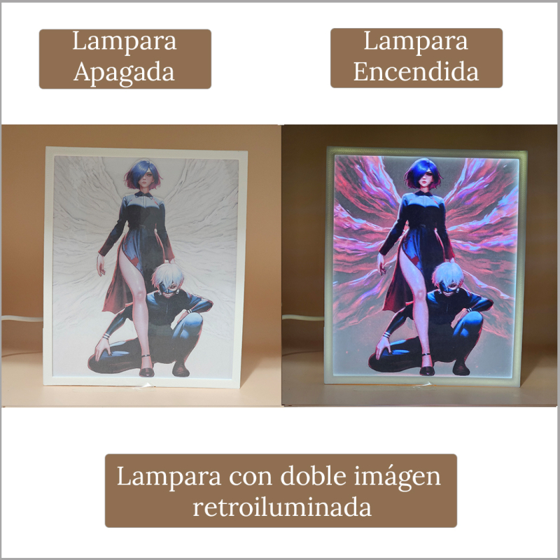 Lámpara ánime/manga  Tokyo Ghoul  con doble imagen de la pareja Ken Kaneki y Touka Kirishima, vista apagada y encendida, donde se revela la ilustración completa al encender la luz LED.