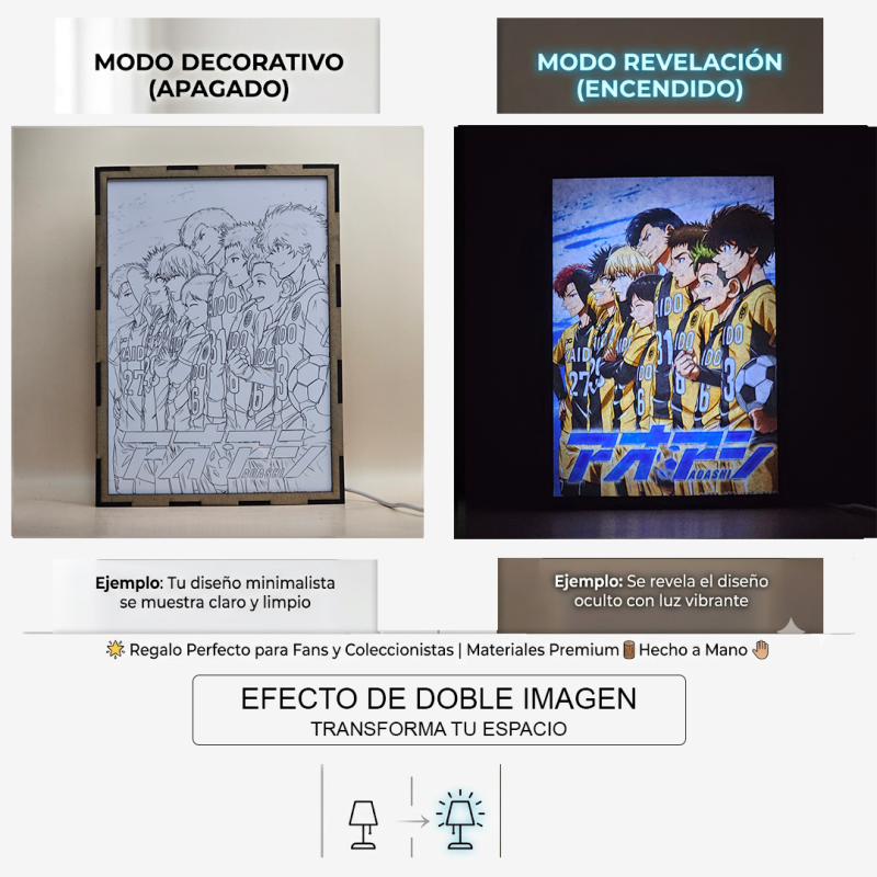 Lámpara ánime/manga  Aoashi  con doble imagen del grupo Ashito Aoi, Eisaku Ôtomo, Yuma Motoki, Keiji Togashi, Soichiro Tachibana, Kanpei Kuroda, Martis Jun Asari y Nagisa Akutsu, vista apagada y encendida, donde se revela la ilustración completa al encender la luz LED.