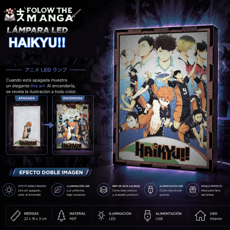 Lámpara ánime/manga  Haikyuu  con doble imagen del grupo Shoyo Hinata, Tobio Kageyama, Kei Tsukishima, Tadashi Yamaguchi, Kenma Kozume, Kuroo Tetsurō, Ryunosuke Tanaka, Yuu Nishinoya, Daichi Sawamura, Koushi Sugawara y Asahi Azumane, vista apagada y encendida, donde se revela la ilustración completa al encender la luz LED.