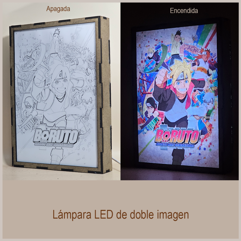 Lámpara ánime/manga  Boruto  con doble imagen del grupo Boruto Uzumaki, Sarada Uchiha, Inojin Yamanaka, Mitsuki, Chocho Akimichi y Shikadai Nara, vista apagada y encendida, donde se revela la ilustración completa al encender la luz LED.