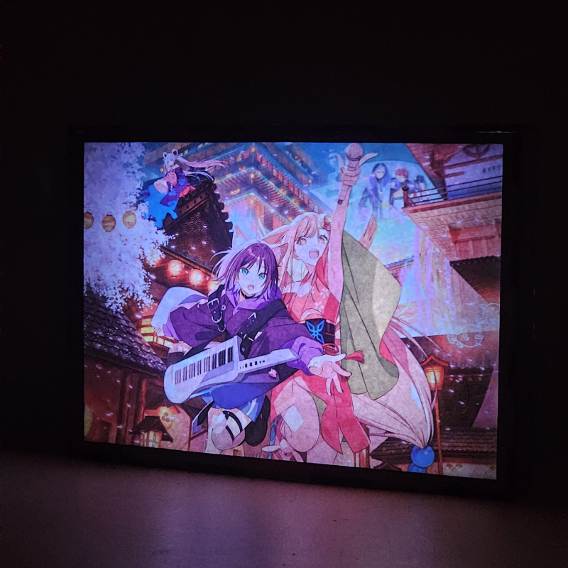 Lámpara ánime/manga  La princesa Kaguya del cosmos  con doble imagen del grupo Iroha Sakayori, Kaguya, Akira Mikado y Roka Ayatsumugi, vista encendida, donde se revela la ilustración completa al encender la luz LED.