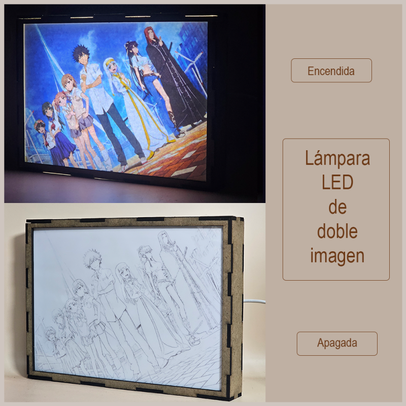 Lámpara ánime/manga  Toaru Majutsu no Index  con doble imagen del grupo Uiharu Kazari, Stiyl Magnus, Kanzaki Kaori, Index, Kamijou Touma, Misaka Mikoto, Shirai Kuroko y Saten Ruiko, vista apagada y encendida, donde se revela la ilustración completa al encender la luz LED.