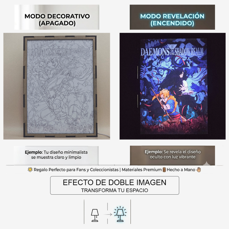 Lámpara ánime/manga  Daemons of the Shadow Realm  con doble imagen de la pareja Yuru y Asa, vista apagada y encendida, donde se revela la ilustración completa al encender la luz LED.