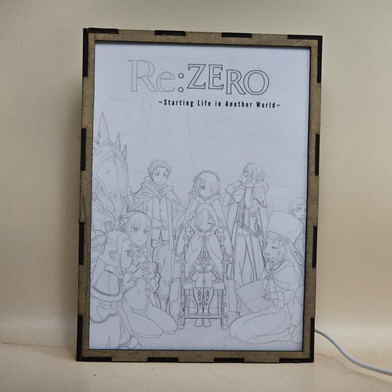 Lámpara ánime/manga  Re:Zero  con doble imagen del grupo Subaru Natsuki, Emilia, Rem, Ram, Beatrice, Patrasche, Julius Juakulius, Anastasia Hoshin y Meili Portroute, vista apagada, se esconde la imágen de atras.