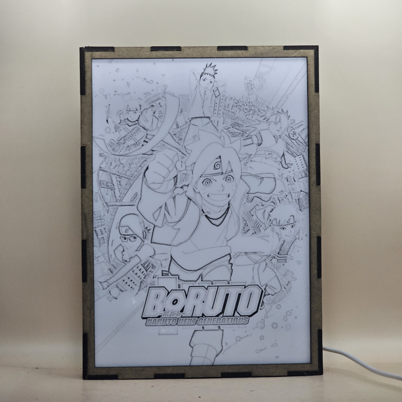 Lámpara ánime/manga  Boruto  con doble imagen del grupo Boruto Uzumaki, Sarada Uchiha, Inojin Yamanaka, Mitsuki, Chocho Akimichi y Shikadai Nara, vista apagada, se esconde la imágen de atras.