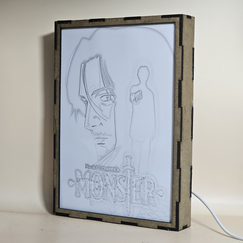 Lámpara ánime/manga  Monster  con doble imagen de la pareja Kenzo Tenma y Johan Liebert, vista apagada, se esconde la imágen de atras.