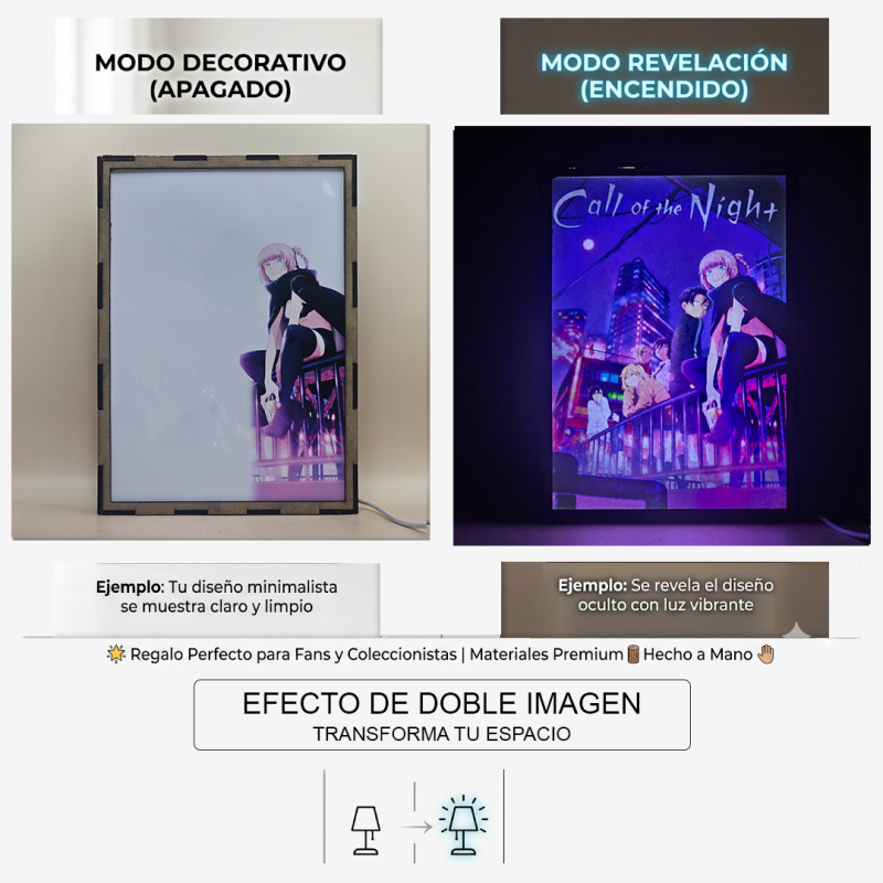 Lámpara ánime/manga  Call of the Night  con doble imagen del grupo Nazuna Nanakusa, Kou Yamori, Seri Kikiyou, Midori Kohakobe, Nico Hirata, Haka Suzushiro y Kabura Honda, vista apagada y encendida, donde se revela la ilustración completa al encender la luz LED.