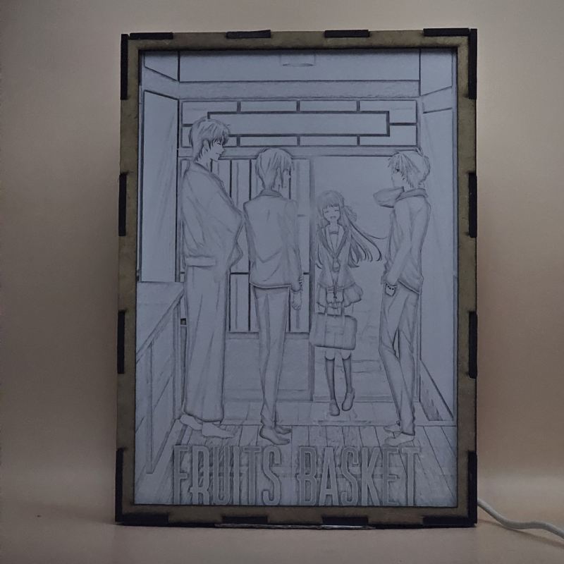 Lámpara ánime/manga  Fruit Basket  con doble imagen del grupo Tohru Honda, Yuki Sohma, Shigure Sohma y Kyo Sohma, vista apagada, se esconde la imágen de atras.