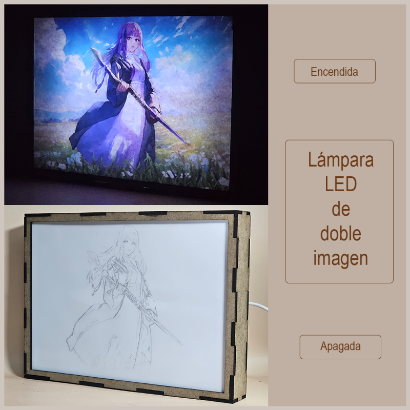 Lámpara ánime/manga  Frieren  con doble imagen del personaje Fern, vista apagada y encendida, donde se revela la ilustración completa al encender la luz LED.