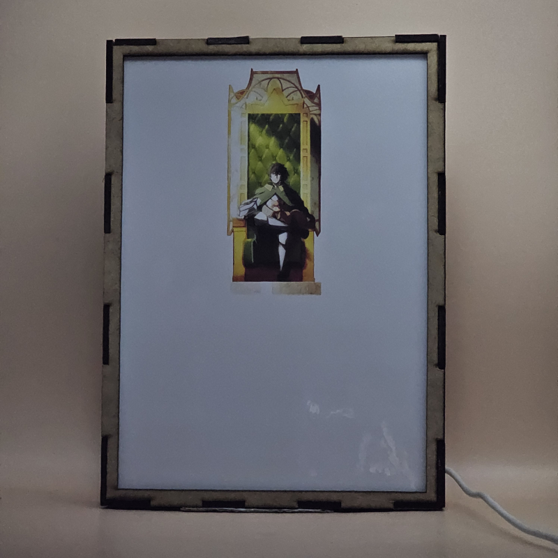 Lámpara ánime/manga  El héroe del escudo  con doble imagen del grupo Naofumi Iwatani, Raphtalia, Filo, Nadia, Fohl, Atla, Werner y Jaralis, vista apagada, se esconde la imágen de atras.